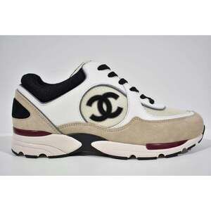 Chanel 22S White Ivory Beige Black CC Logo Tie Flat Runner Trainer Sneaker 42